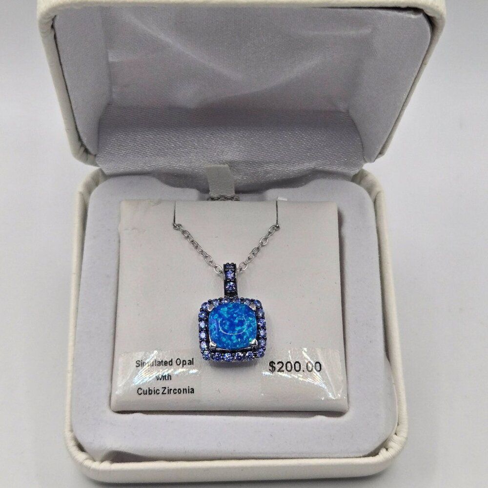 New Simulated Opal Cubic Zirconia Pendant Necklace Sterling Silver Chain